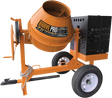 A Brave Pro 7-cubic foot steel drum concrete mixer with a tow bar and wheels on a transparent background.