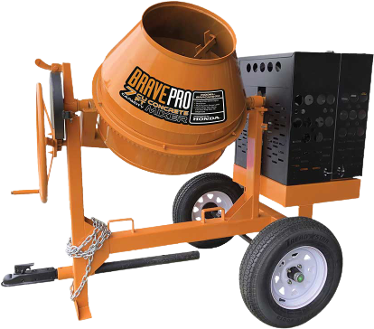 A Brave Pro 7-cubic foot steel drum concrete mixer with a tow bar and wheels on a transparent background.