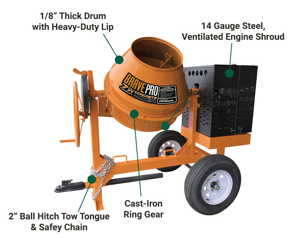 A Brave Pro 7-cubic foot concrete mixer with a steel drum and an enclosed engine, showing callouts for its 1/8-inch thick drum, 14-gauge steel shroud, 2-inch ball hitch, and cast-iron ring gear.