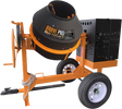 A full view of the Brave 9 Cu. Ft. Poly Drum Concrete Mixer, featuring a bright orange frame and a black polyethylene mixing drum. The mixer is shown on a transparent background, highlighting its wheelbarrow-style design with two large wheels and a tow tongue.