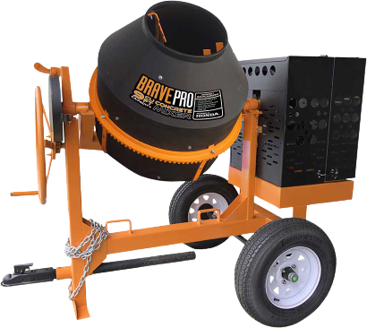 A full view of the Brave 9 Cu. Ft. Poly Drum Concrete Mixer, featuring a bright orange frame and a black polyethylene mixing drum. The mixer is shown on a transparent background, highlighting its wheelbarrow-style design with two large wheels and a tow tongue.