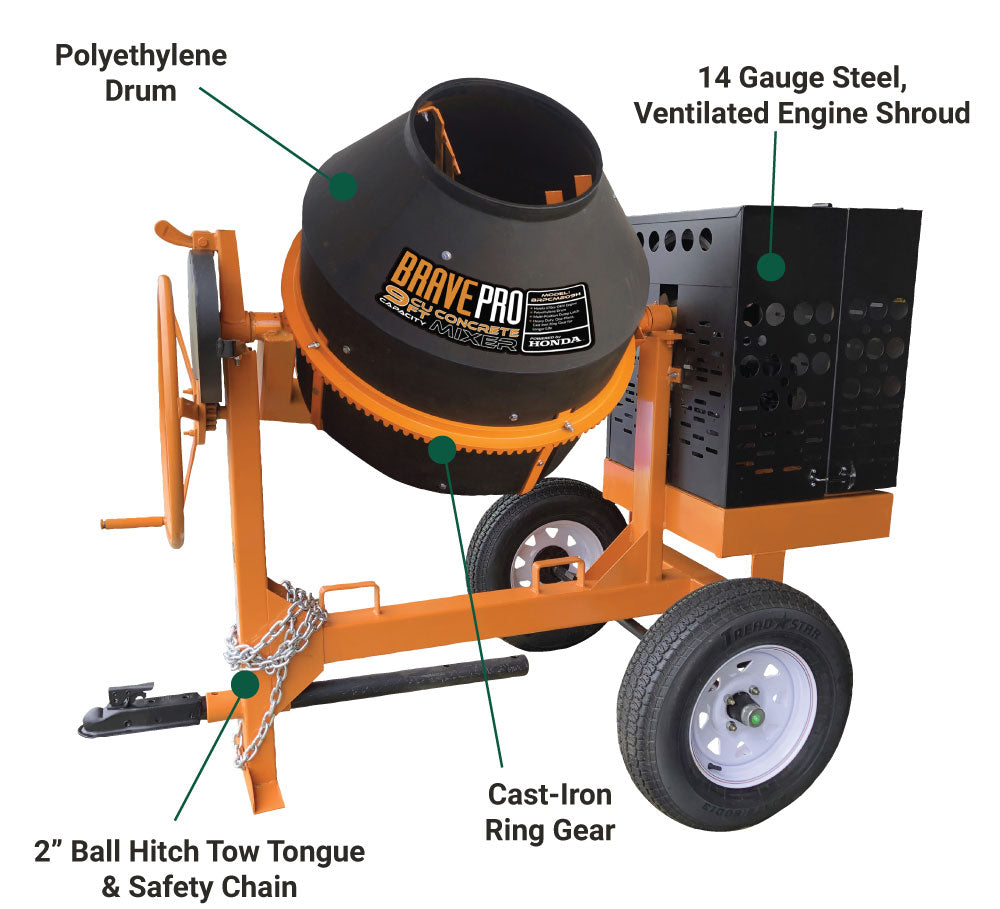 An annotated diagram of the Brave 9 Cu. Ft. Poly Drum Concrete Mixer. Callouts with text labels point to key features, including the Polyethylene Drum, 14 Gauge Steel, Ventilated Engine Shroud, Cast-Iron Ring Gear, and 2" Ball Hitch Tow Tongue & Safety Chain.
