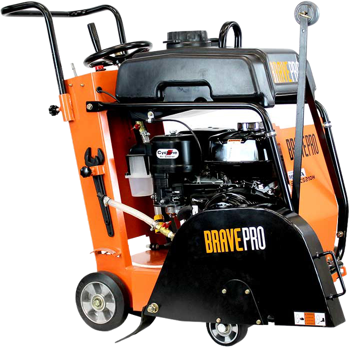 A Brave Pro 20-inch walk-behind concrete floor saw on a transparent background, showcasing the engine, handle, and a partial view of the blade guard.