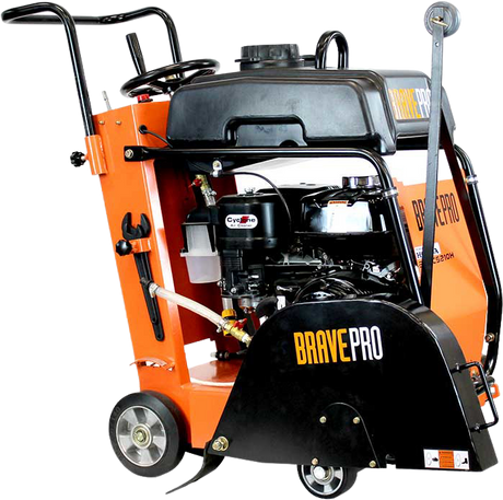 A Brave Pro 20-inch walk-behind concrete floor saw on a transparent background, showcasing the engine, handle, and a partial view of the blade guard.