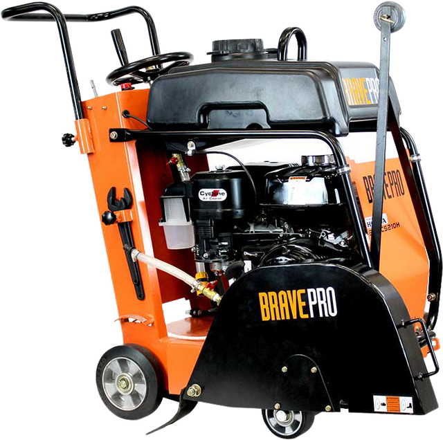 A Brave Pro 20-inch walk-behind concrete floor saw on a transparent background, showcasing the engine, handle, and a partial view of the blade guard.