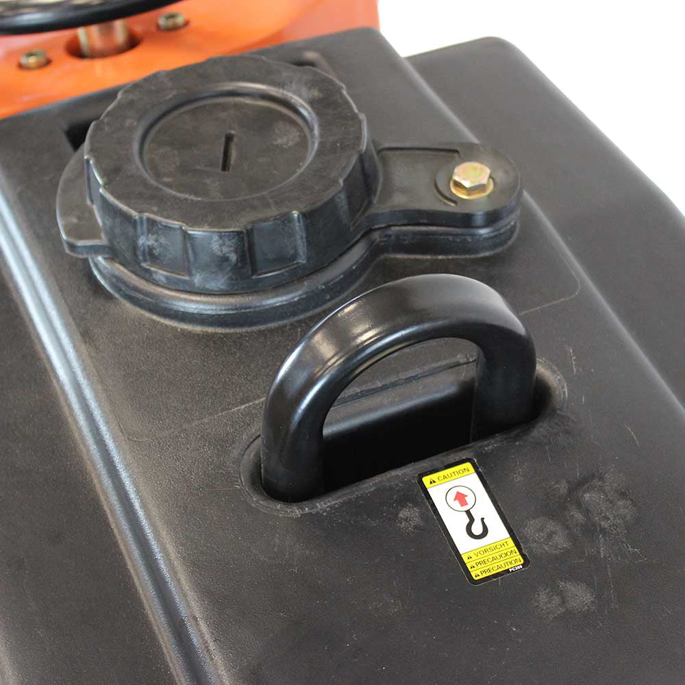 A close-up view of the black water tank on the Brave Pro 20-inch concrete saw, showing the filler cap and handle.