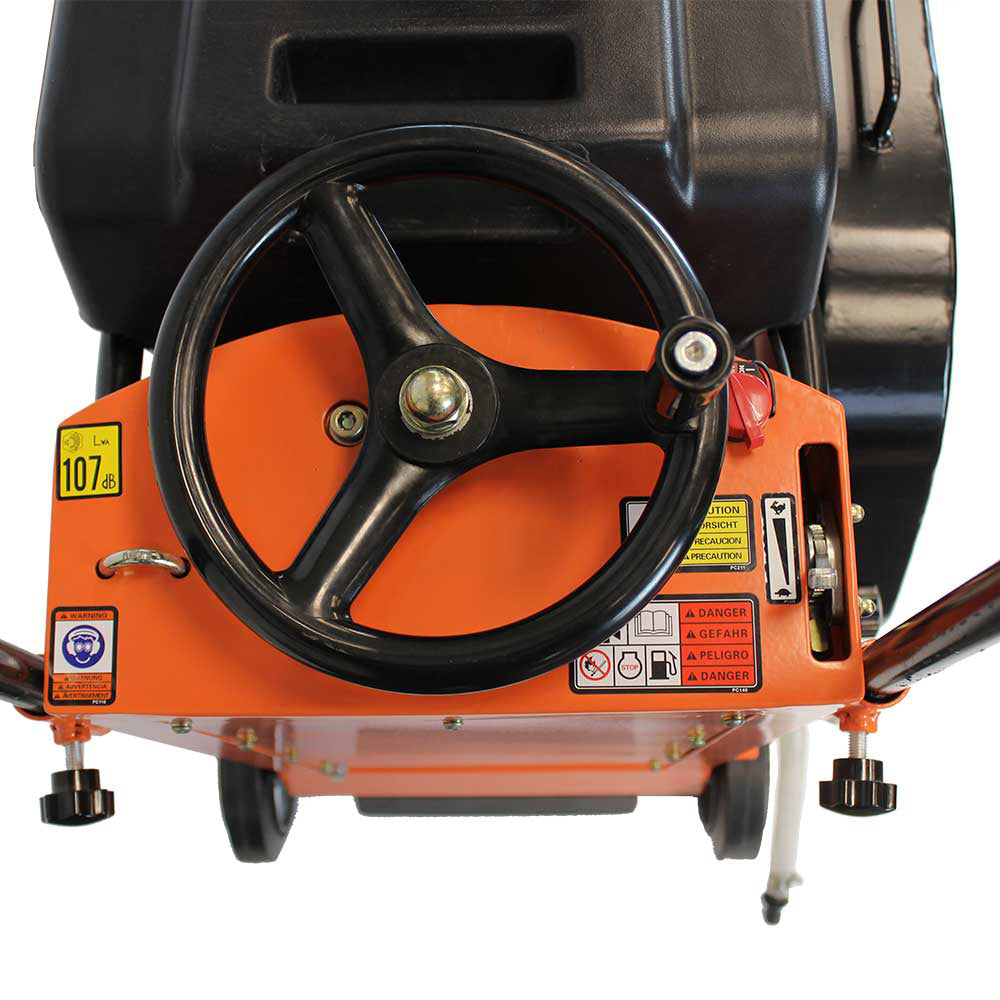 A close-up view of the Brave Pro 20-inch concrete floor saw's steering wheel handle and depth adjustment control.