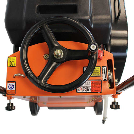 A close-up view of the Brave Pro 20-inch concrete floor saw's steering wheel handle and depth adjustment control.