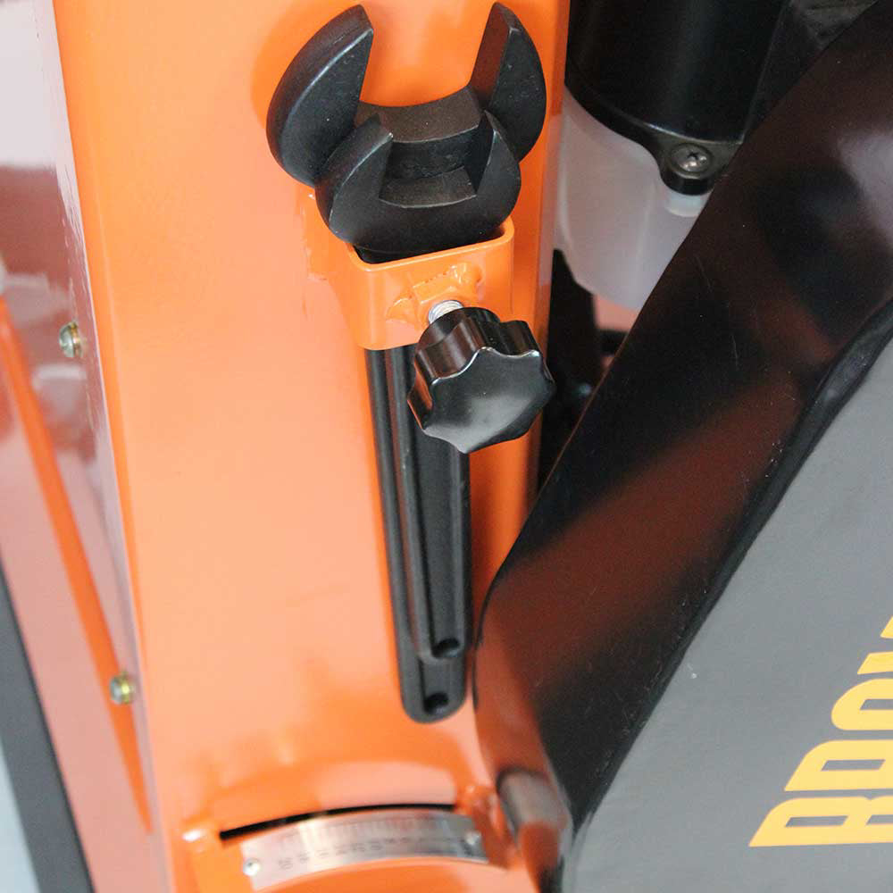 A close-up view of the Brave Pro 20-inch concrete saw's blade depth adjustment handle and controls on the main frame.