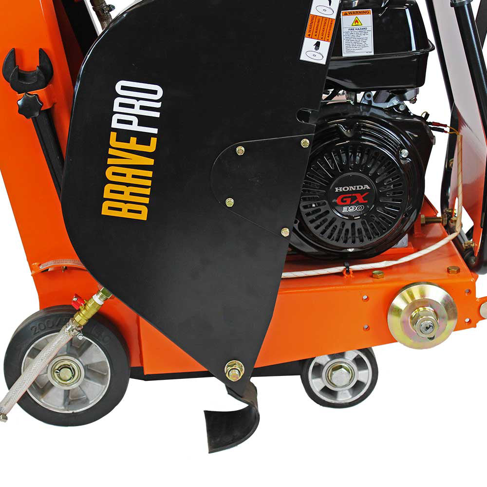 A close-up side view of the Brave Pro 20-inch concrete saw's blade guard, showcasing the "Brave Pro" logo and the blade's position relative to the wheels.