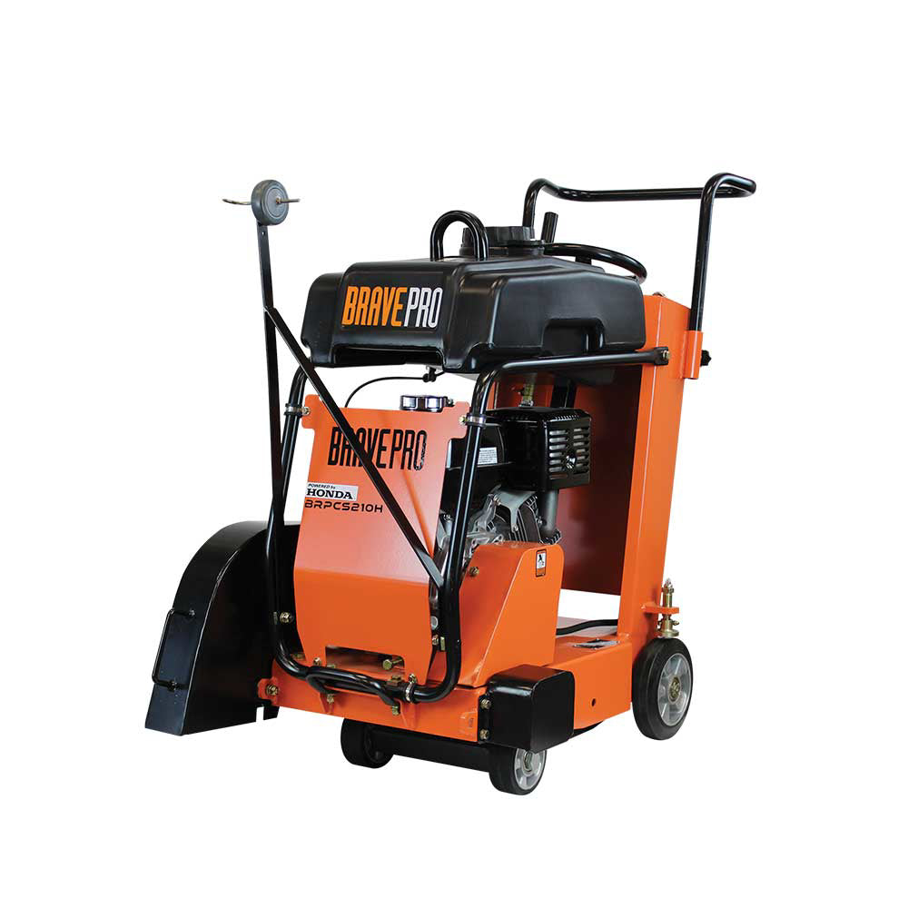 A three-quarter front view of the Brave Pro 20-inch concrete saw, with the brand name on the blade guard and the Honda GX390 engine visible.