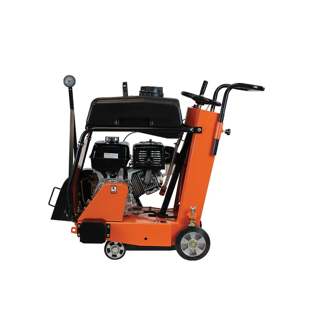 A side view of the Brave 20-inch concrete floor saw on a white background, showing the engine and the water tank system.