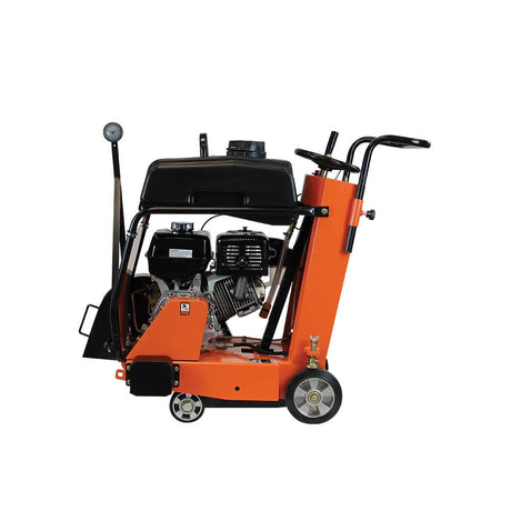 A side view of the Brave 20-inch concrete floor saw on a white background, showing the engine and the water tank system.