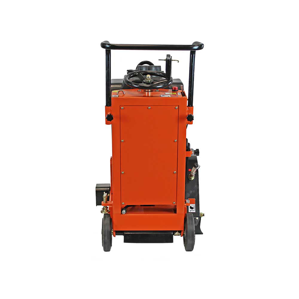 A rear view of the Brave 20-inch concrete saw on a white background, showcasing the back of the engine and the frame.