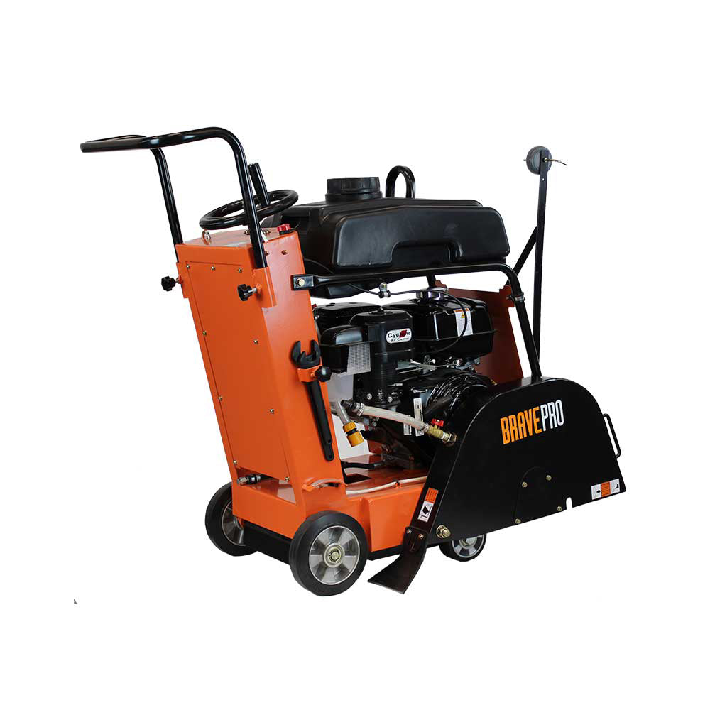 A three-quarter rear view of the Brave 20-inch concrete floor saw, showcasing the engine and the water tank on a white background.