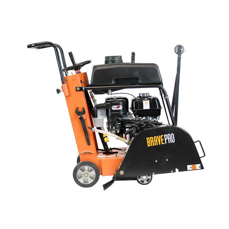 A side view of the Brave 20-inch concrete floor saw with a Honda GX390 engine, featuring the water tank and handle.