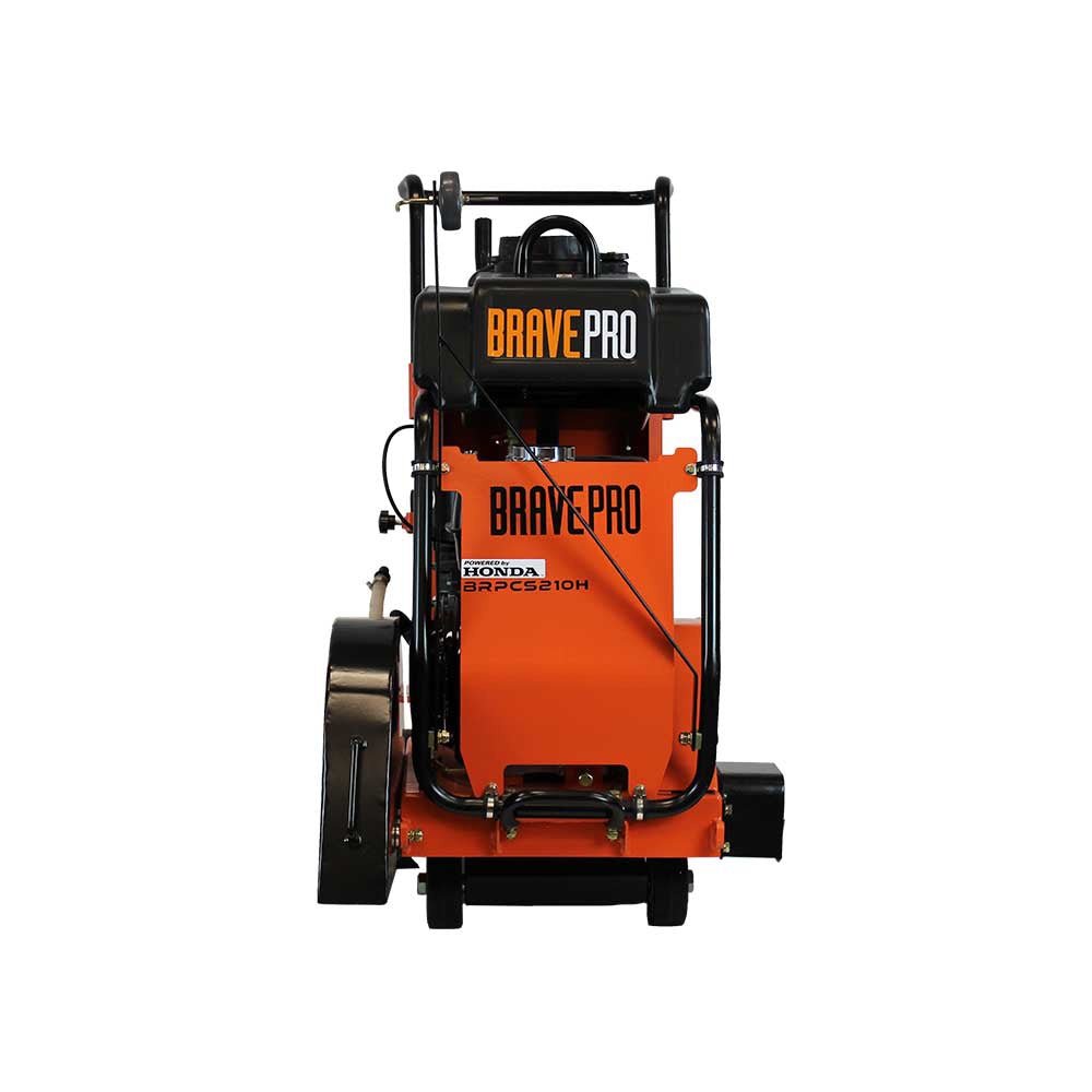 A front view of the Brave Pro 20-inch concrete floor saw, highlighting its vertical structure, handle, and wheels.