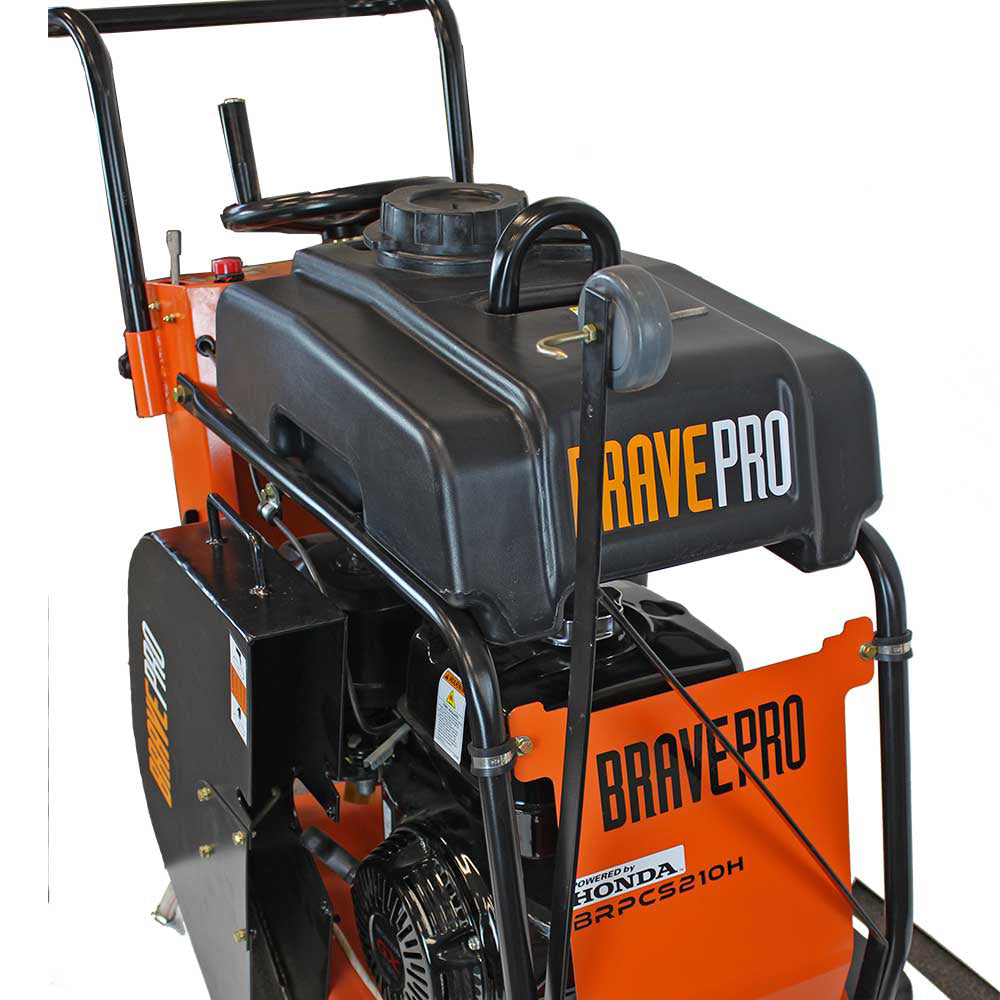 A close-up front view of the Brave Pro 20-inch concrete floor saw, showing the "Brave Pro" brand name on the handle and the Honda engine.