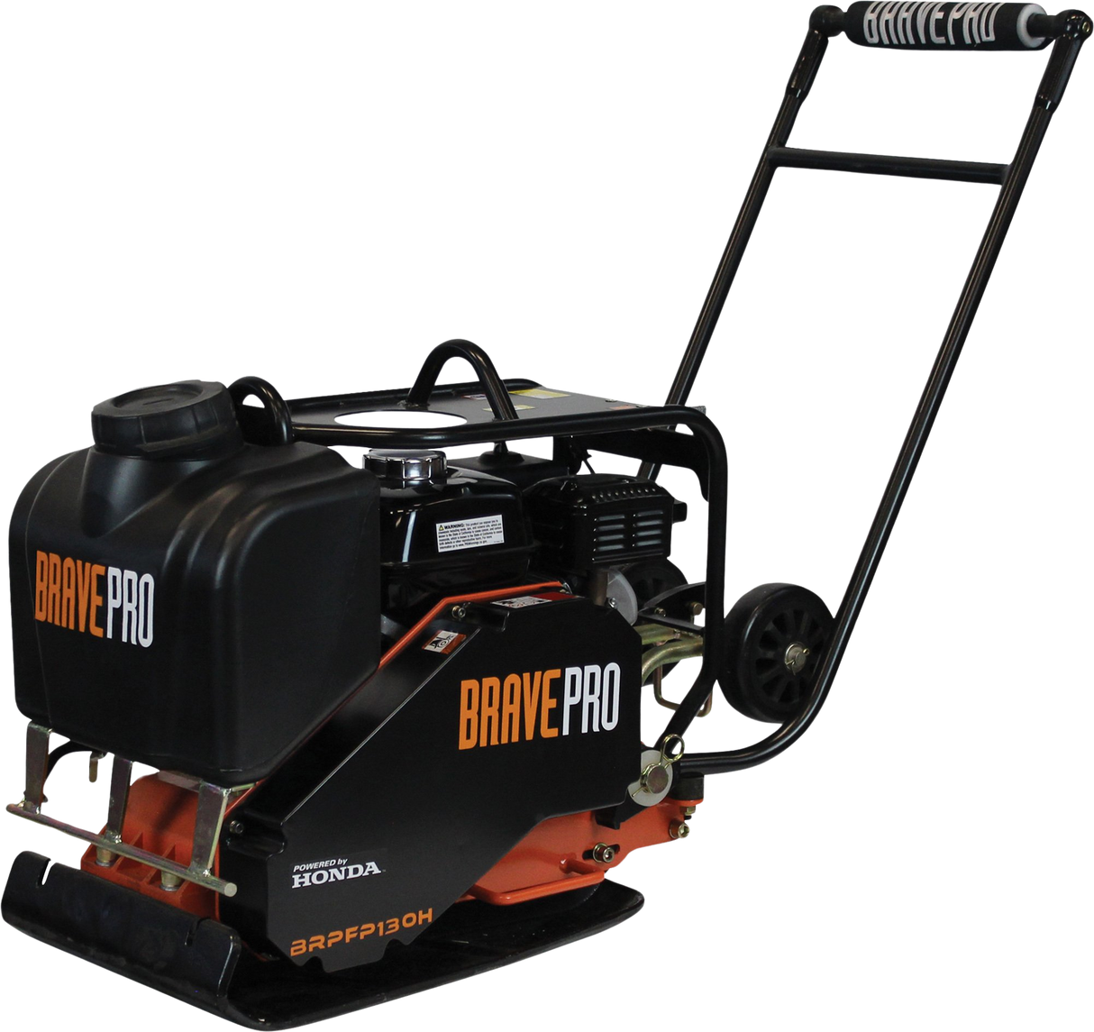 Three-quarter view of the Brave 16-Inch Forward Plate Compactor, showing its orange handle and black engine on a checkered background.