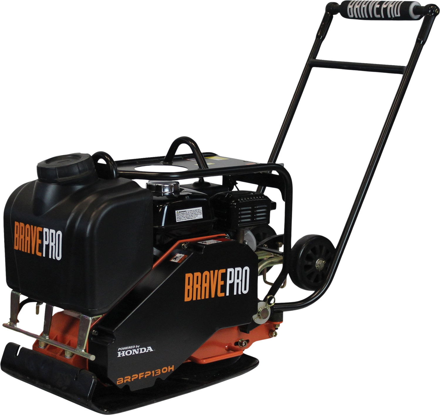 Three-quarter view of the Brave 16-Inch Forward Plate Compactor, showing its orange handle and black engine on a checkered background.