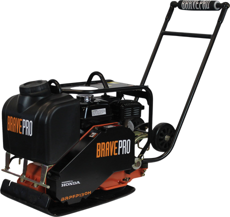 Three-quarter view of the Brave 16-Inch Forward Plate Compactor, showing its orange handle and black engine on a checkered background.