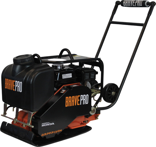 Three-quarter view of the Brave 16-Inch Forward Plate Compactor, showing its orange handle and black engine on a checkered background.