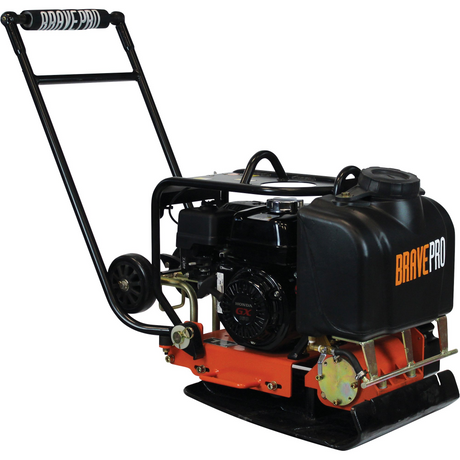 Angled side view of the Brave 16-Inch Forward Plate Compactor, highlighting its compact size with a large orange handle, black engine cover, and flat baseplate.