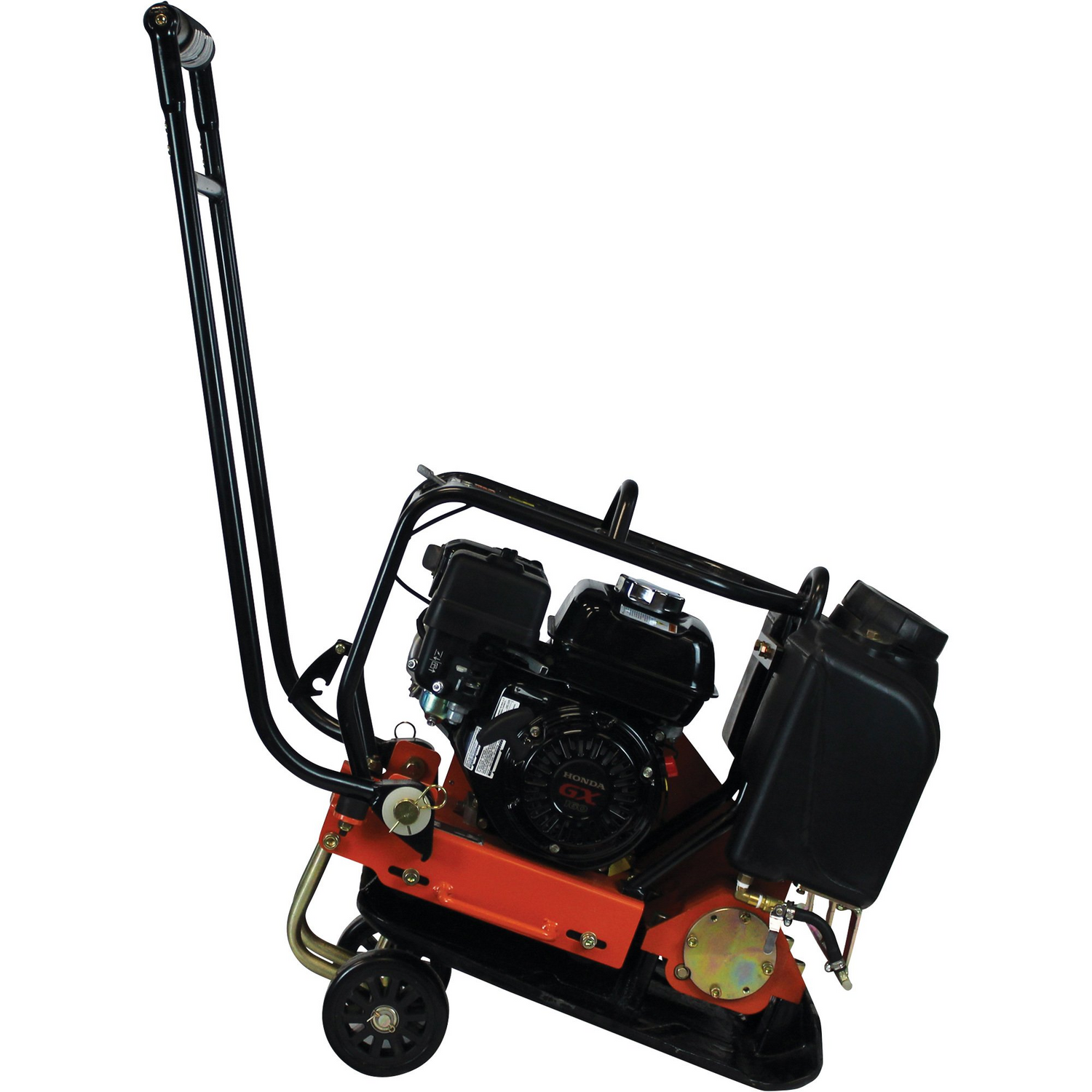 Full side view of the Brave 16-Inch Forward Plate Compactor, showcasing its design for forward motion with a strong handle and small transport wheels.