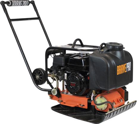 A front-right view of the Brave 18-inch forward plate compactor on a transparent background, showcasing the engine, handle, and wheels.