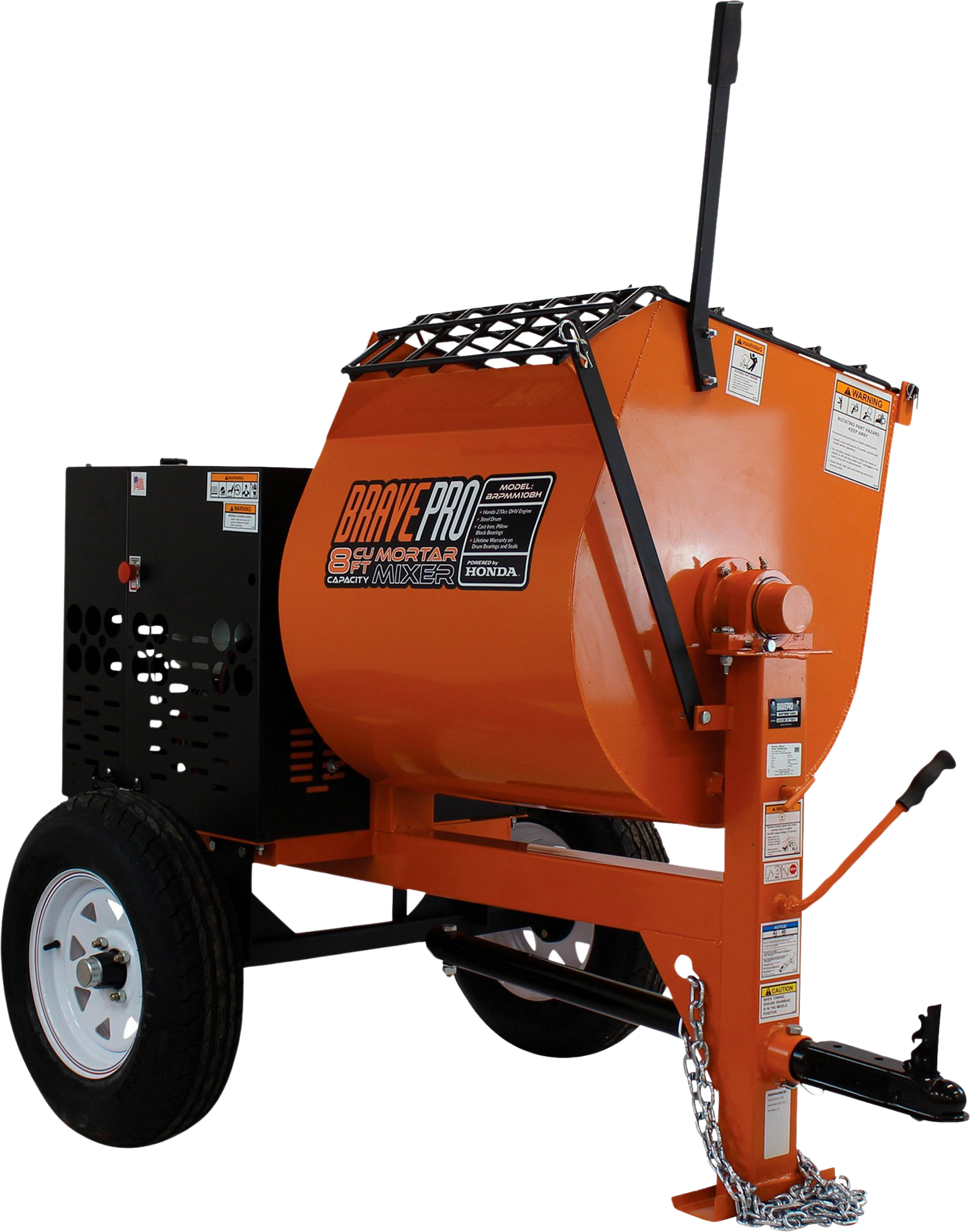 A side view of the orange Brave 8 Cu. Ft. Steel Drum Mortar Mixer against a transparent background. The wheelbarrow-style mixer has a large drum with a "BRAVE PRO" logo and a tow hitch.