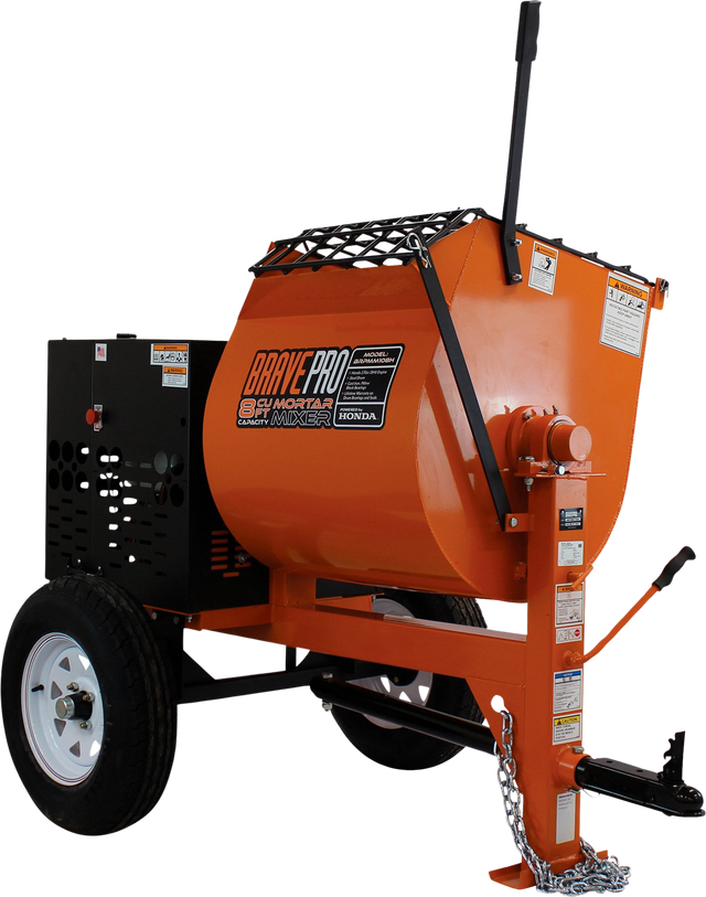 A side view of the orange Brave 8 Cu. Ft. Steel Drum Mortar Mixer against a transparent background. The wheelbarrow-style mixer has a large drum with a "BRAVE PRO" logo and a tow hitch.