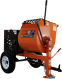 A side view of the orange Brave 8 Cu. Ft. Steel Drum Mortar Mixer against a transparent background. The wheelbarrow-style mixer has a large drum with a "BRAVE PRO" logo and a tow hitch.