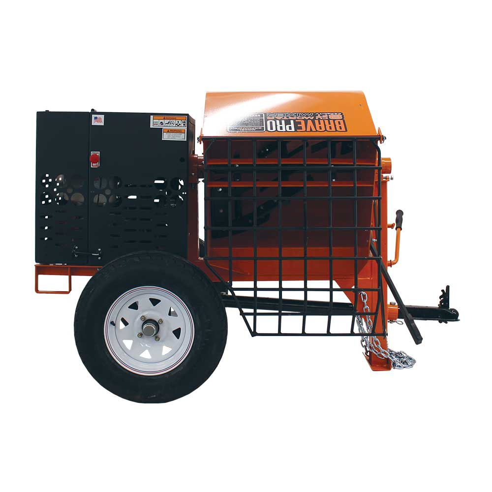 A side view of the Brave 8 Cu. Ft. Steel Drum Mortar Mixer, showing its large white wheel, the orange steel drum, and the black engine compartment. The mixer is set up on a solid white background.