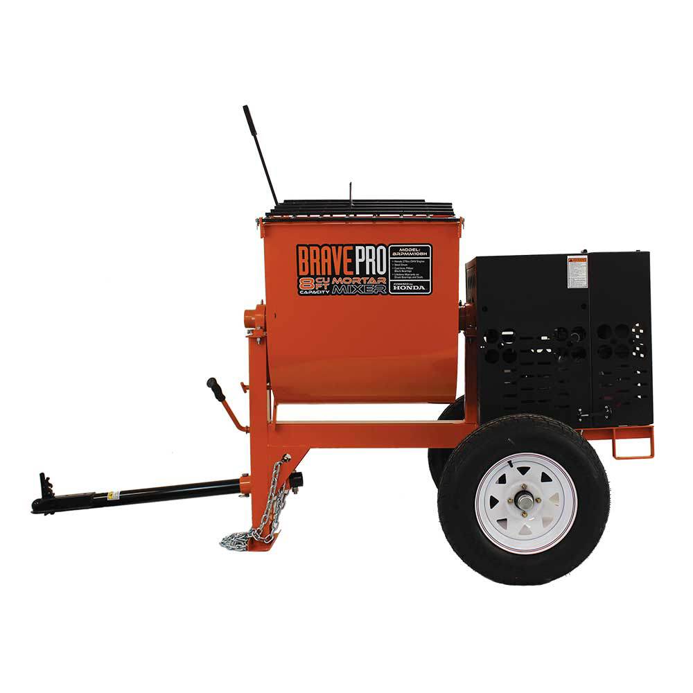 A front view of the Brave 8 Cu. Ft. Steel Drum Mortar Mixer, highlighting the mixer's tow hitch with safety chain, its large wheel, and the orange drum.