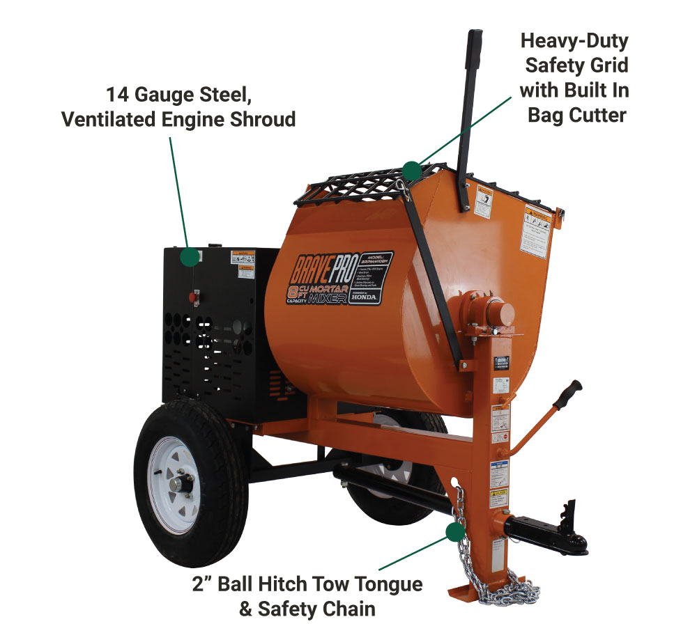 An annotated diagram of the Brave 8 Cu. Ft. Steel Drum Mortar Mixer. The image points to a Heavy-Duty Safety Grid with Built-In Bag Cutter, 14 Gauge Steel, Ventilated Engine Shroud, and 2" Ball Hitch Tow Tongue & Safety Chain.