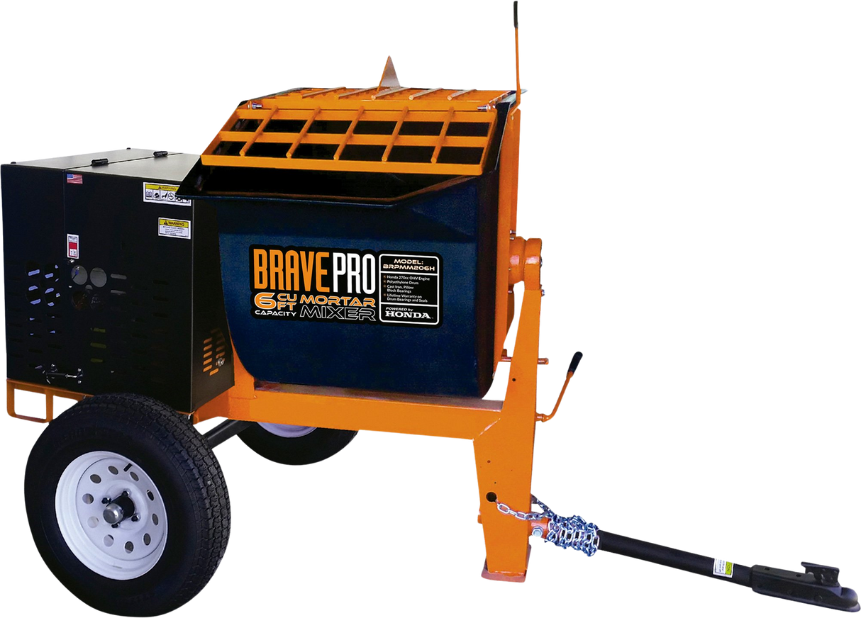 A three-quarter front view of the Brave 6 Cu. Ft. Poly Drum Mortar Mixer with the "Brave Pro" logo clearly visible on the orange and black frame, with a black engine and two transport wheels.