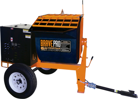 A three-quarter front view of the Brave 6 Cu. Ft. Poly Drum Mortar Mixer with the "Brave Pro" logo clearly visible on the orange and black frame, with a black engine and two transport wheels.