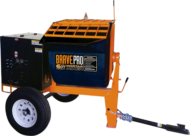 A three-quarter front view of the Brave 6 Cu. Ft. Poly Drum Mortar Mixer with the "Brave Pro" logo clearly visible on the orange and black frame, with a black engine and two transport wheels.