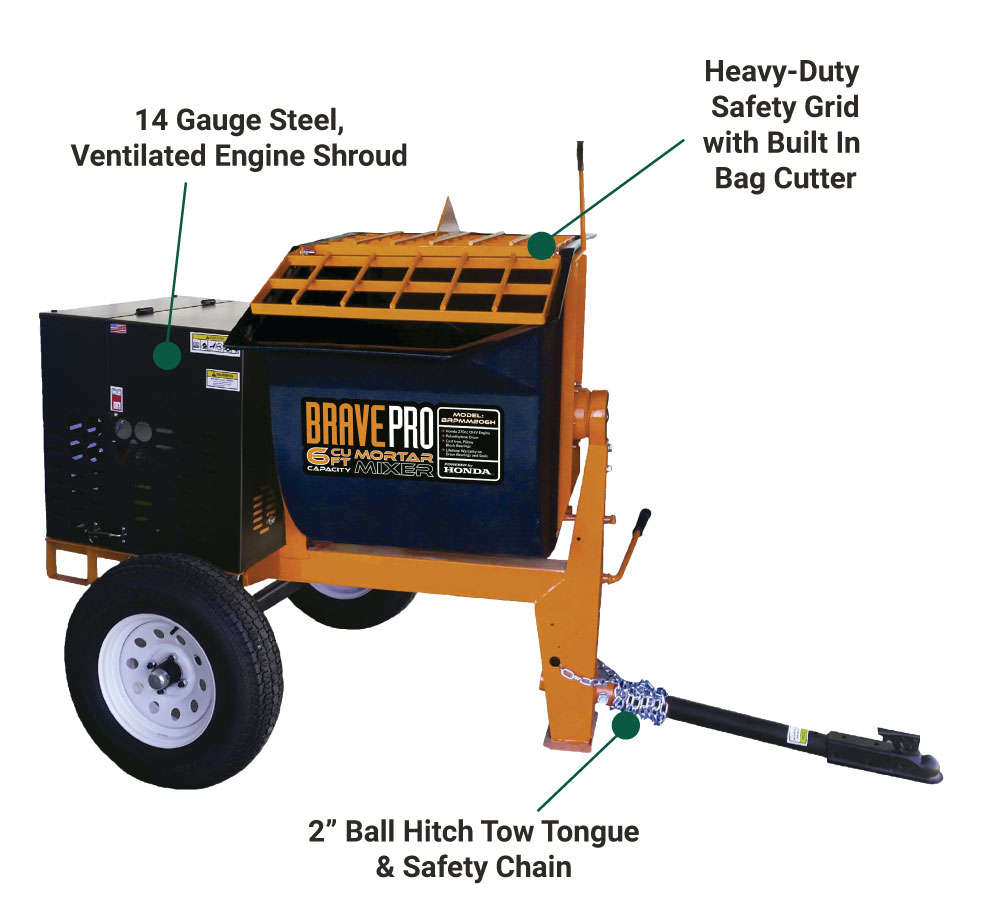 A front-facing shot of the Brave 6 Cu. Ft. Poly Drum Mortar Mixer, highlighting its ventilated engine shroud made of 14-gauge steel and a heavy-duty safety grid with a built-in bag cutter.
