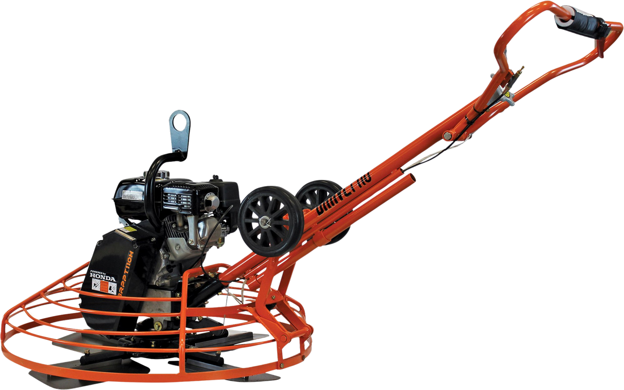 A side view of the Brave 36-inch power trowel against a transparent background, showing its long handle, the engine, and the orange ring guard.