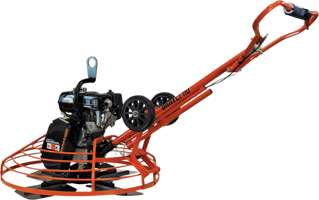 A side view of the Brave 36-inch power trowel against a transparent background, showing its long handle, the engine, and the orange ring guard.