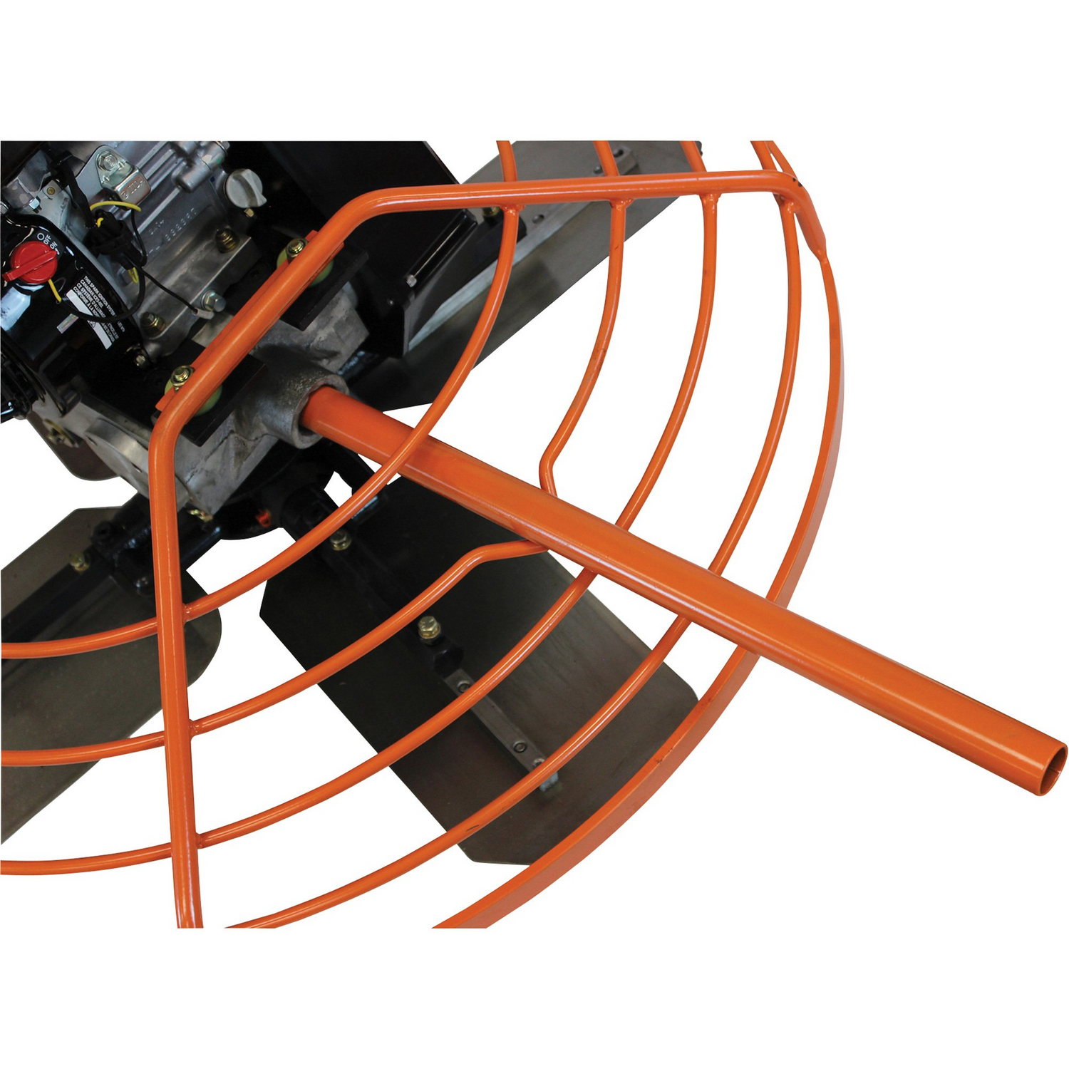 A detailed shot of the orange ring guard and the gray metal blades of the Brave 36-inch power trowel, seen from a low angle.
