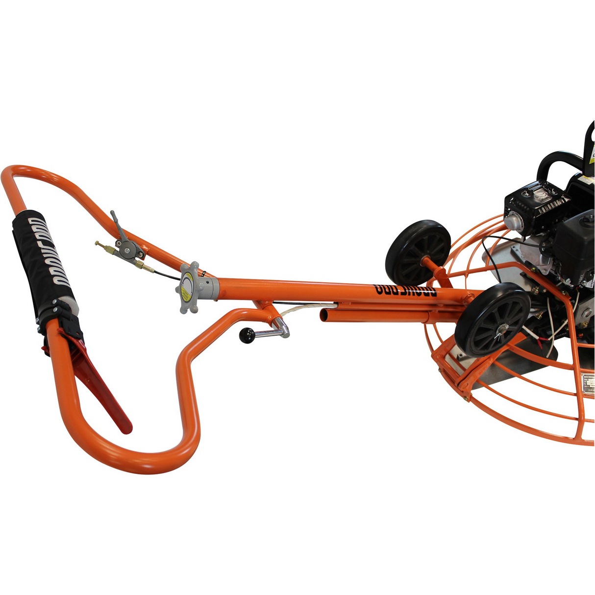 A close-up side view of the Brave 36-inch power trowel, focusing on the two transport wheels and the handle's pivot point. The orange frame and the "BRAVE PRO" sticker on the handle are visible.