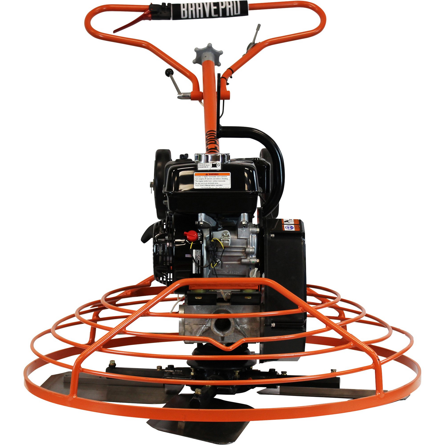 A direct frontal view of the Brave 36-inch power trowel, highlighting the black Honda engine, the orange ring guard, and the two transport wheels. The 'BRAVE PRO' logo is visible on the handle.