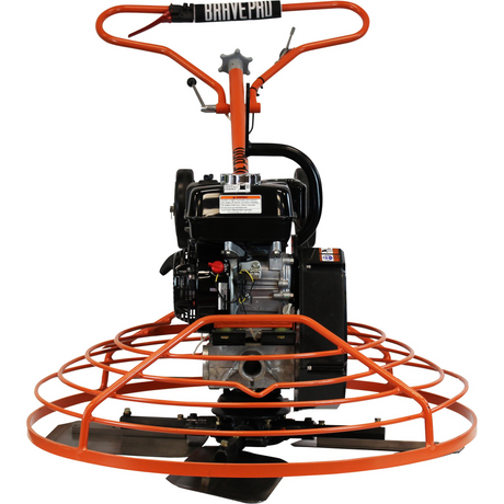 A direct frontal view of the Brave 36-inch power trowel, highlighting the black Honda engine, the orange ring guard, and the two transport wheels. The 'BRAVE PRO' logo is visible on the handle.