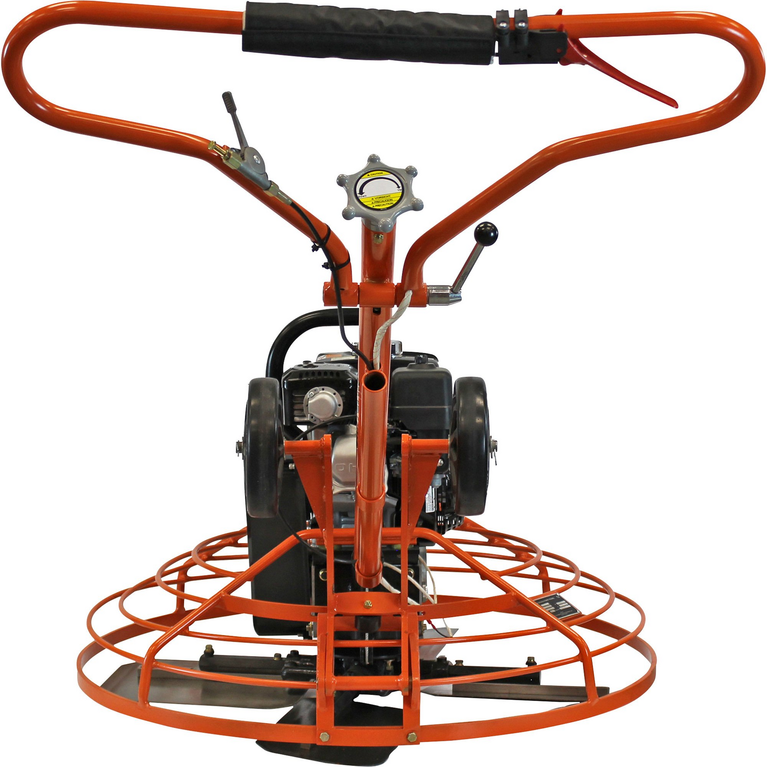 A rear view of the Brave 36-inch power trowel, focusing on the control handle with its black foam grips and the throttle lever.