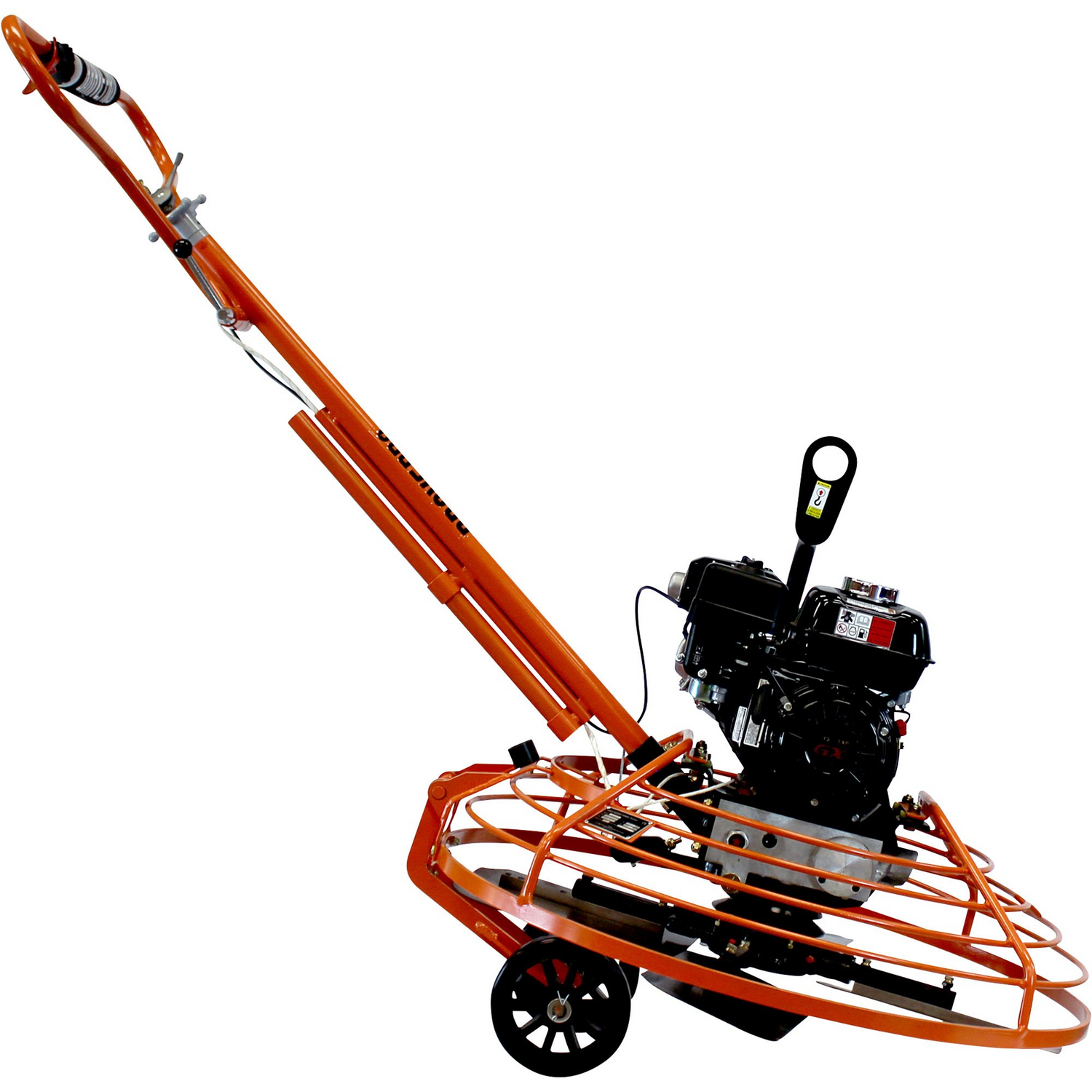 A side view of the orange Brave 36-inch power trowel, showing its full profile with the long handle, protective ring guard, and the two wheels used for transport. The machine is propped up for easy movement.