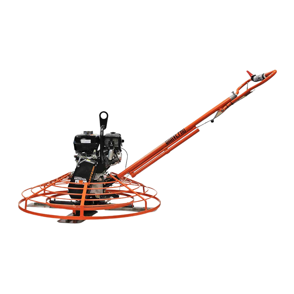 Three-quarter view of the Brave 48-Inch Power Trowel, showcasing its orange guard ring, black engine, and long handle.