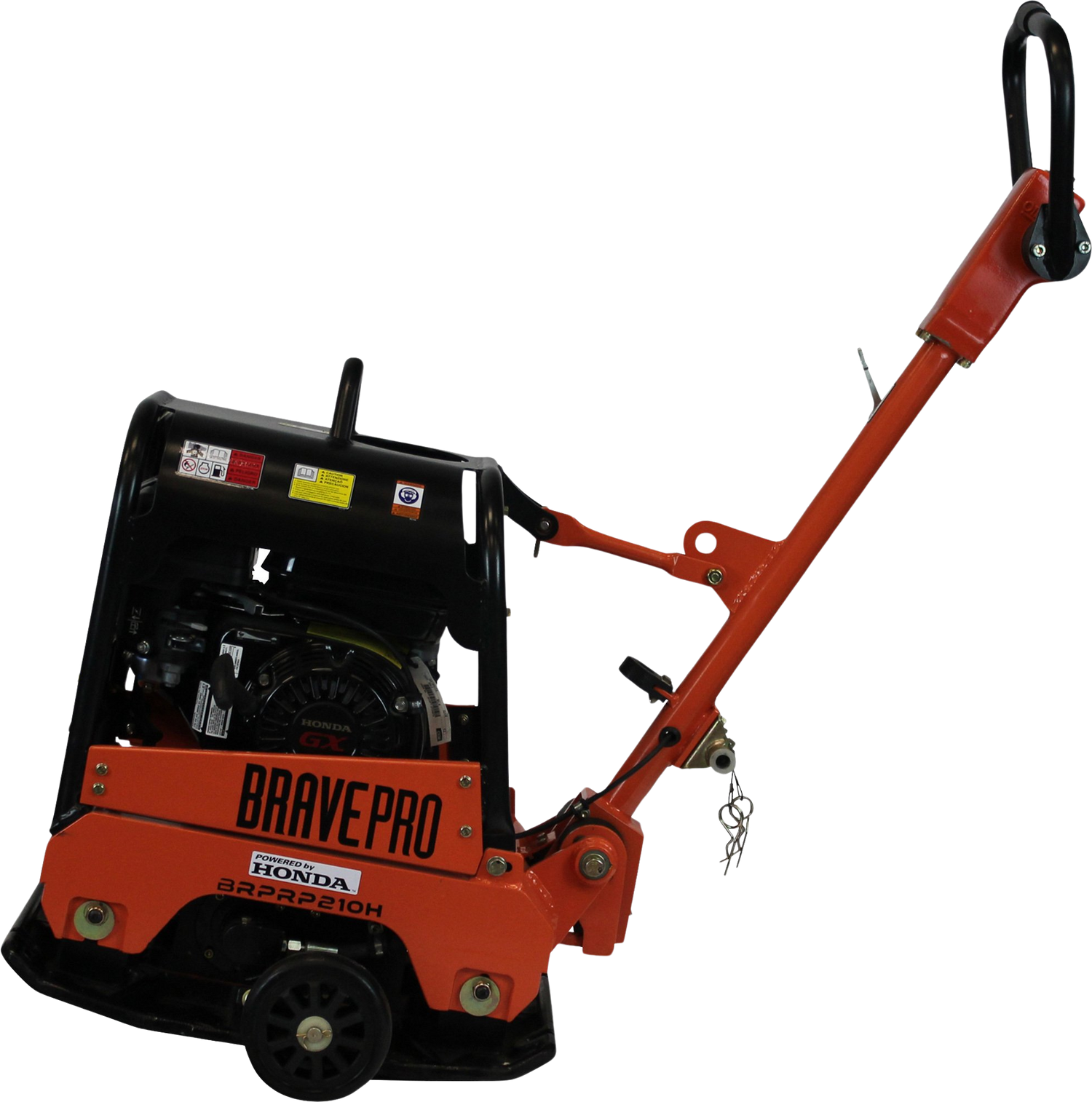 Three-quarter view of the Brave 15-Inch Reversible Plate Compactor, showcasing the black handle, orange base, and Honda engine on a checkered background.