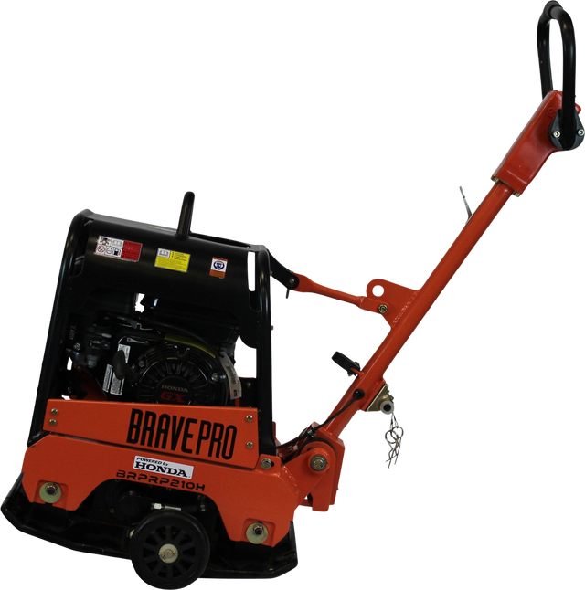 Three-quarter view of the Brave 15-Inch Reversible Plate Compactor, showcasing the black handle, orange base, and Honda engine on a checkered background.